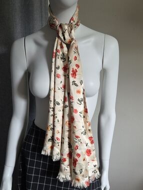 Vintage Esprit Cream 100% Silk Fringed Scarf w Red Yellow & Green Floral Pattern